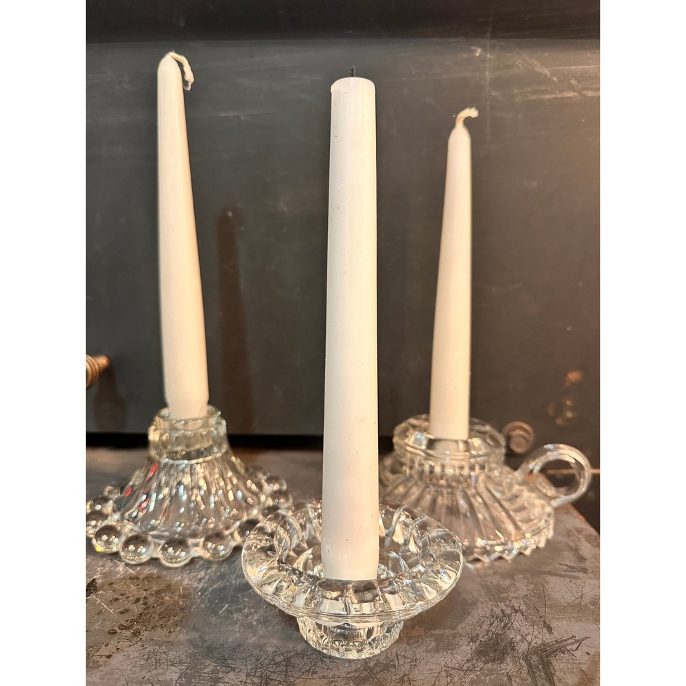 Vintage Mismatched Cottagecore Glass Taper Candle Holder Set Beaded Chamberstick